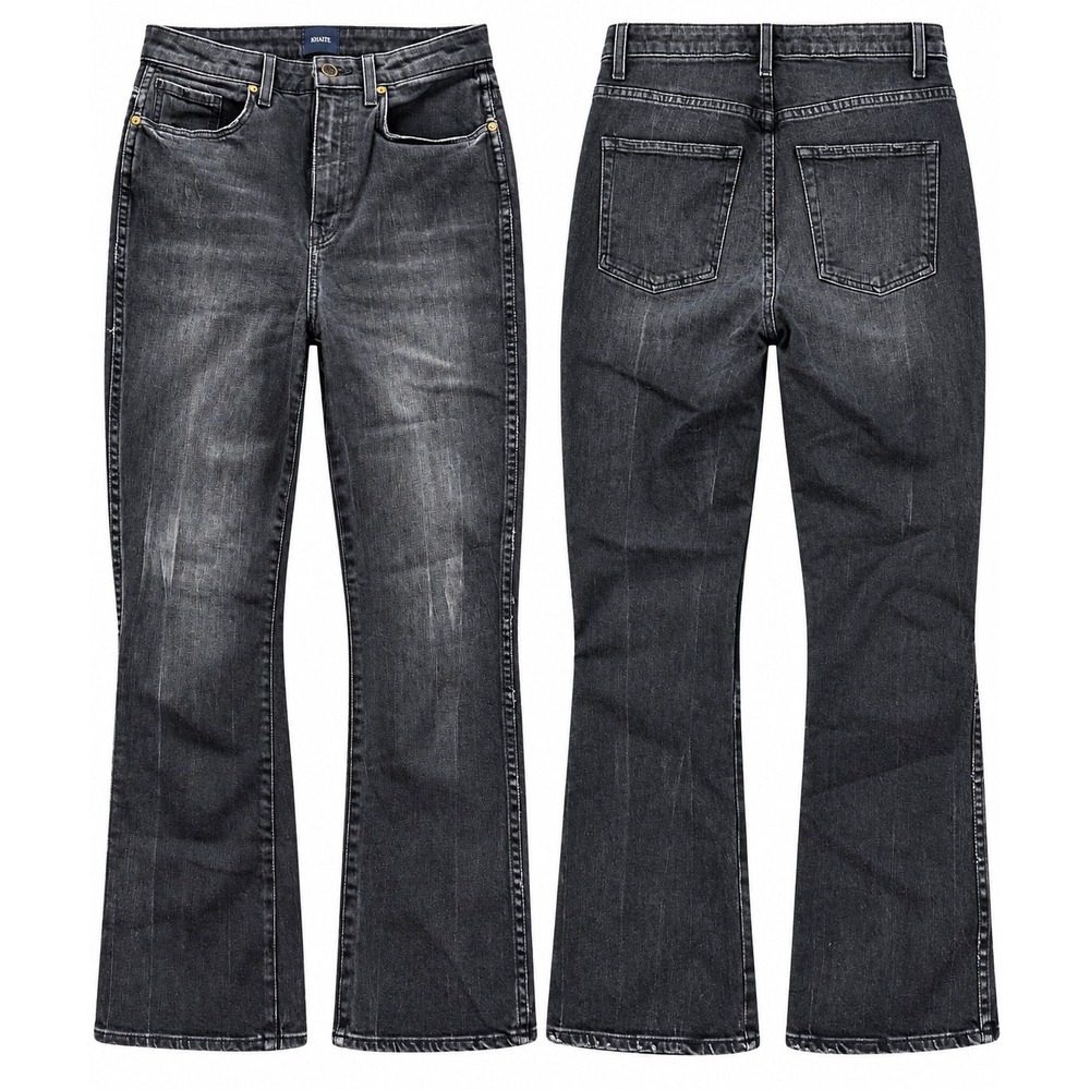 KHAITE Benny High Rise Crop Kick Flare Jeans Washed Black Charcoal Stretch Denim